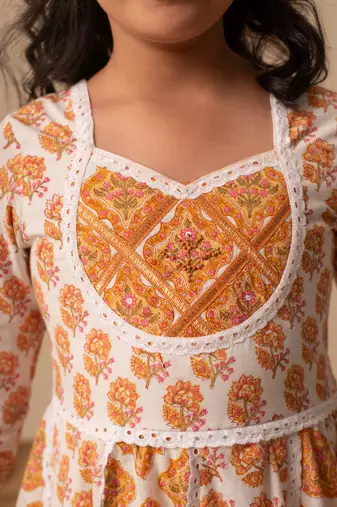 Yellow cotton printed kurta pant dupatta