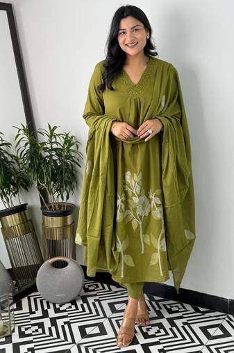 Floral embroidered green v neck cotton kurta set with trouser & dupatta