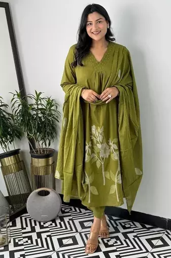 Floral embroidered green v neck cotton kurta set with trouser & dupatta