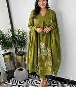Floral embroidered green v neck cotton kurta set with trouser & dupatta