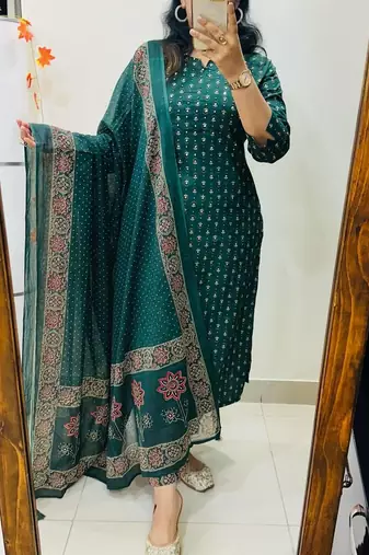 Floral printed green round neck cotton kurta set with trouser & dupatta