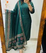 Floral printed green round neck cotton kurta set with trouser & dupatta