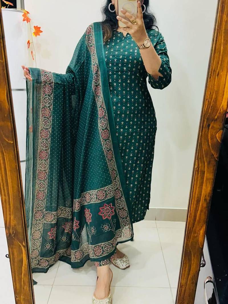 Floral printed green round neck cotton kurta set with trouser & dupatta