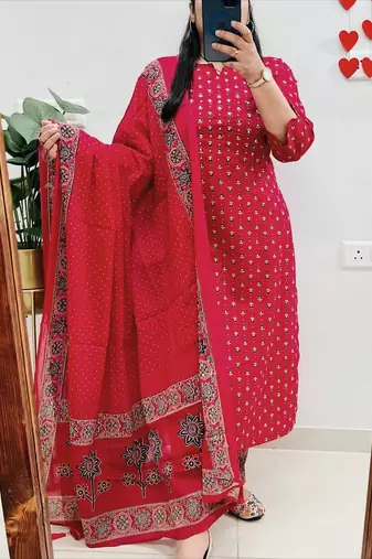 Floral printed red round neck cotton kurta set with trouser & dupatta