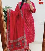 Floral printed red round neck cotton kurta set with trouser & dupatta