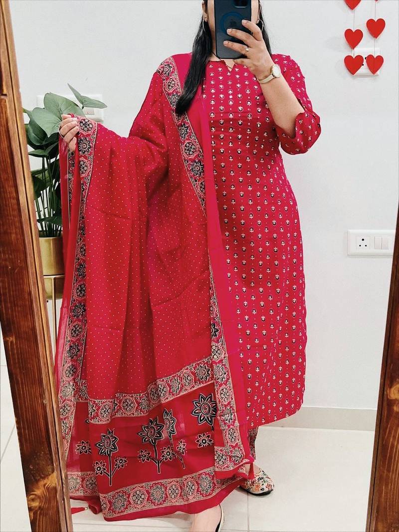 Floral printed red round neck cotton kurta set with trouser & dupatta