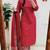 Floral printed red round neck cotton kurta set with trouser & dupatta