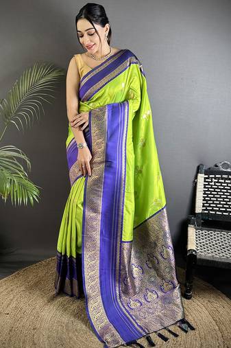 light green soft silk blend woven dual zari work banarasi saree