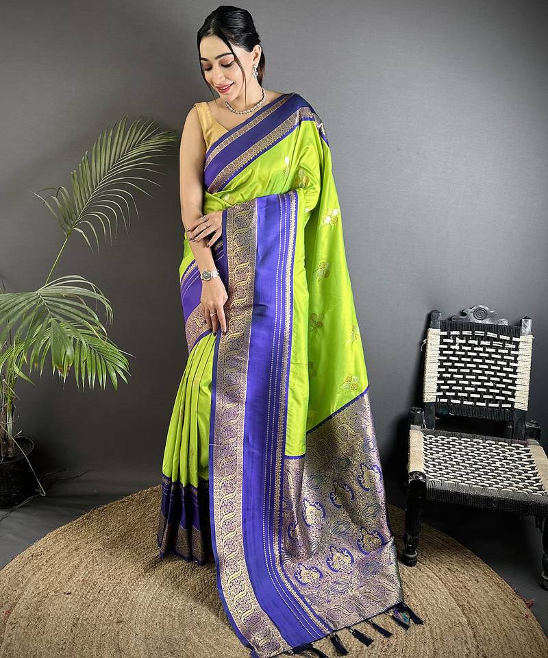 light green soft silk blend woven dual zari work banarasi saree