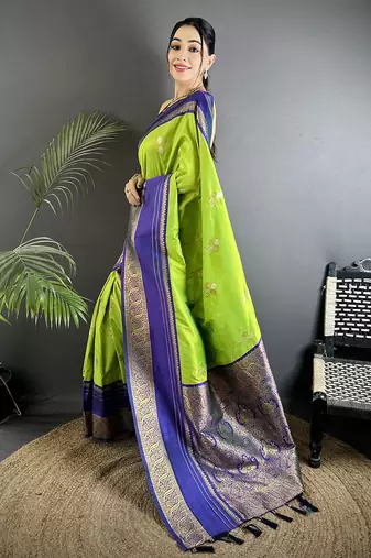 light green soft silk blend woven dual zari work banarasi saree