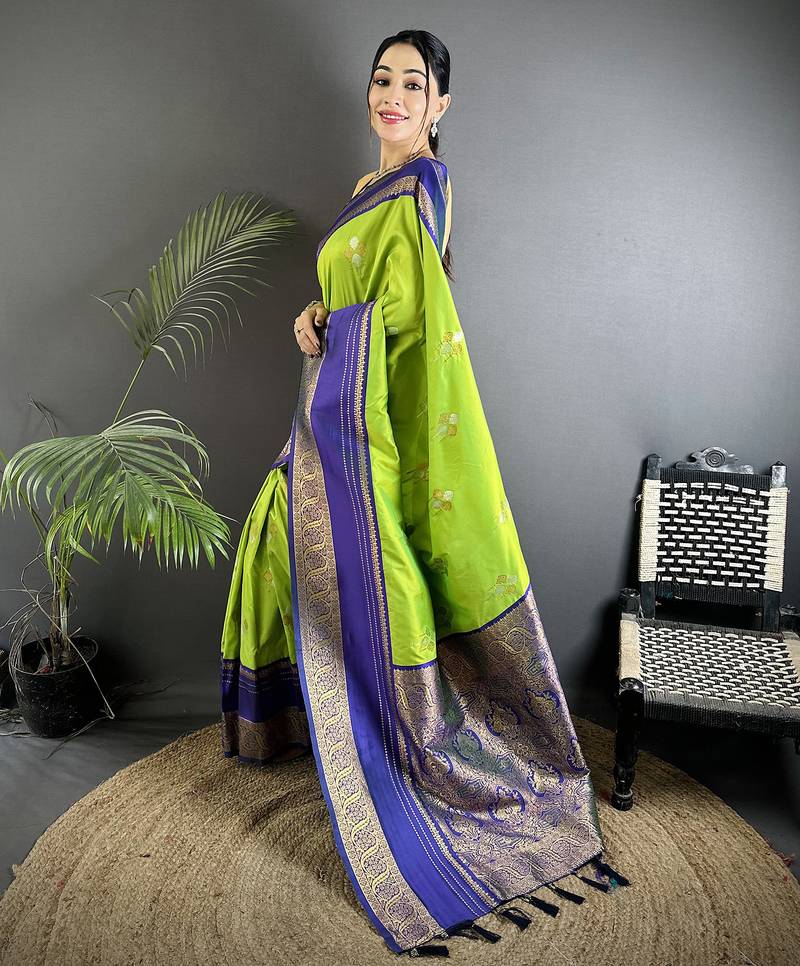 light green soft silk blend woven dual zari work banarasi saree