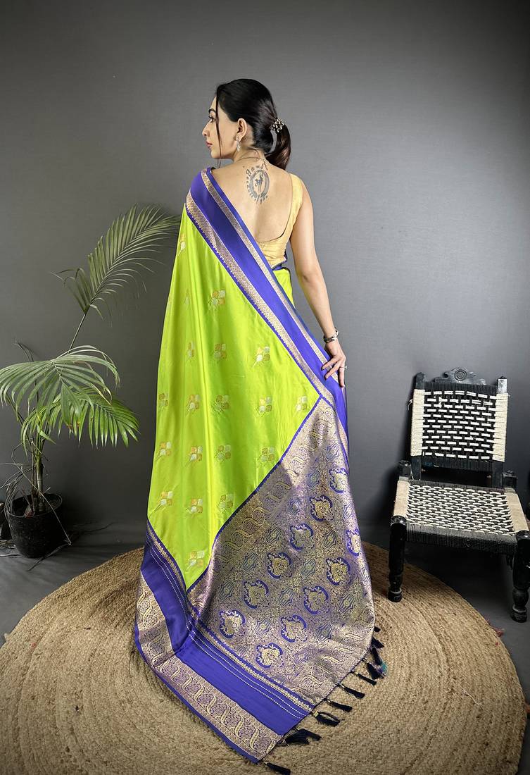light green soft silk blend woven dual zari work banarasi saree