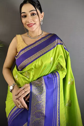 light green soft silk blend woven dual zari work banarasi saree