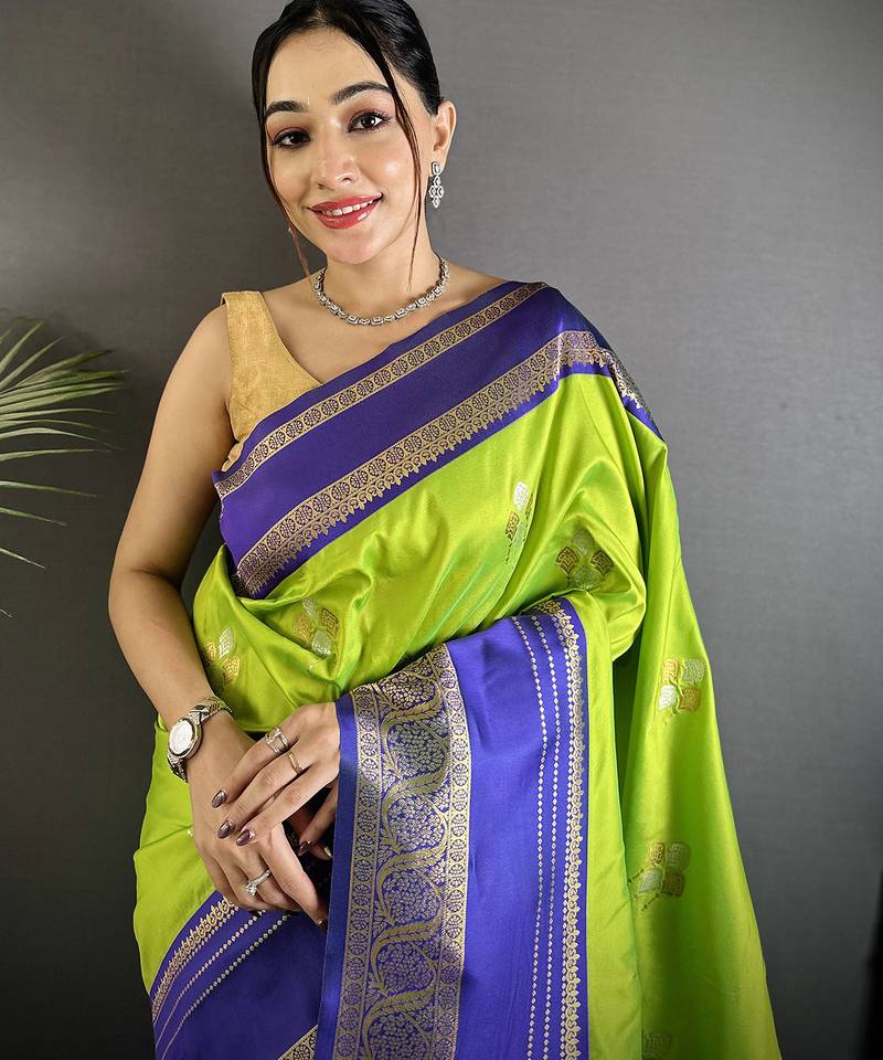 light green soft silk blend woven dual zari work banarasi saree