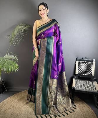 purple soft silk blend woven dual zari work banarasi saree 1
