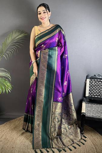 purple soft silk blend woven dual zari work banarasi saree