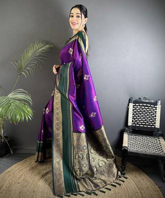 purple soft silk blend woven dual zari work banarasi saree 2