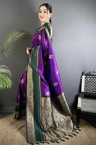 purple soft silk blend woven dual zari work banarasi saree