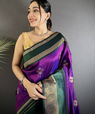 purple soft silk blend woven dual zari work banarasi saree 4