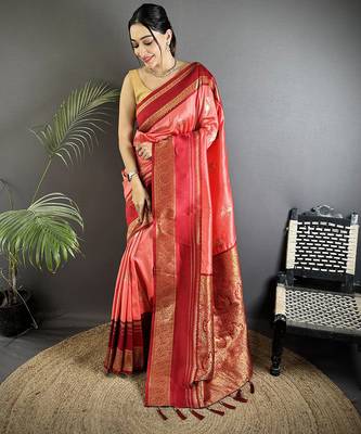 salmon pink soft silk blend woven dual zari work banarasi saree 1
