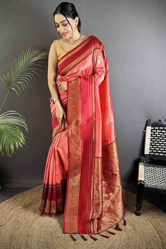 salmon pink soft silk blend woven dual zari work banarasi saree