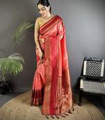 salmon pink soft silk blend woven dual zari work banarasi saree