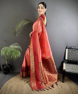 salmon pink soft silk blend woven dual zari work banarasi saree 2