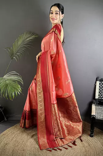 salmon pink soft silk blend woven dual zari work banarasi saree