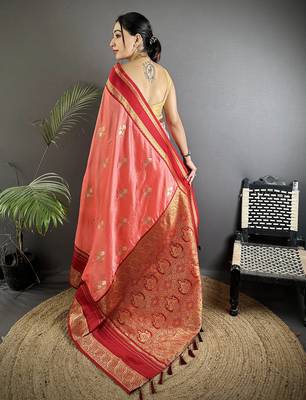 salmon pink soft silk blend woven dual zari work banarasi saree 3