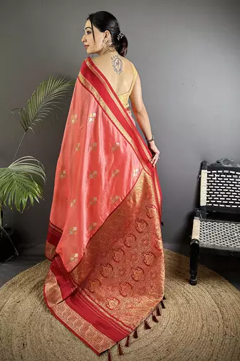 salmon pink soft silk blend woven dual zari work banarasi saree