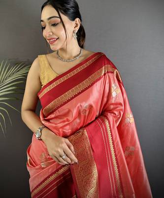 salmon pink soft silk blend woven dual zari work banarasi saree 4