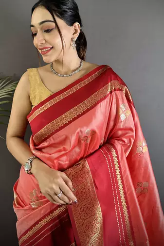 salmon pink soft silk blend woven dual zari work banarasi saree