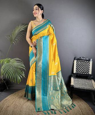 yellow soft silk blend woven dual zari work banarasi saree 1