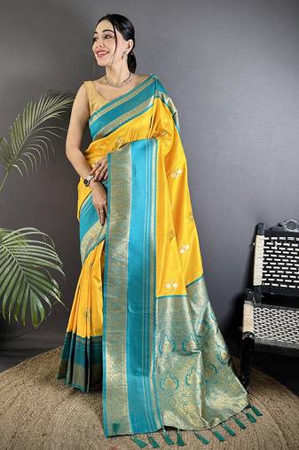 yellow soft silk blend woven dual zari work banarasi saree