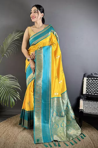yellow soft silk blend woven dual zari work banarasi saree