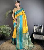 yellow soft silk blend woven dual zari work banarasi saree