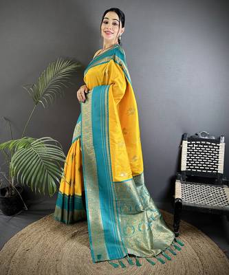 yellow soft silk blend woven dual zari work banarasi saree 2