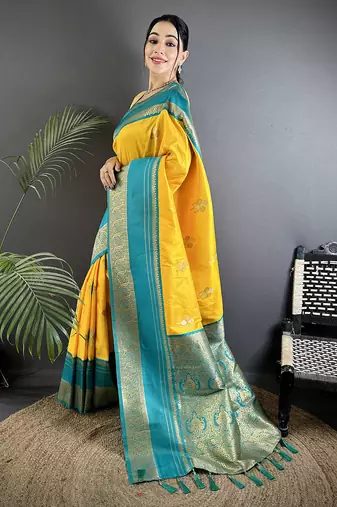 yellow soft silk blend woven dual zari work banarasi saree