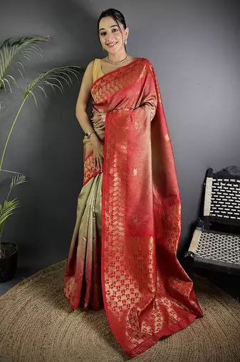 beige silk blend ikkat gold zari weaving handloom saree