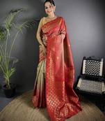 beige silk blend ikkat gold zari weaving handloom saree