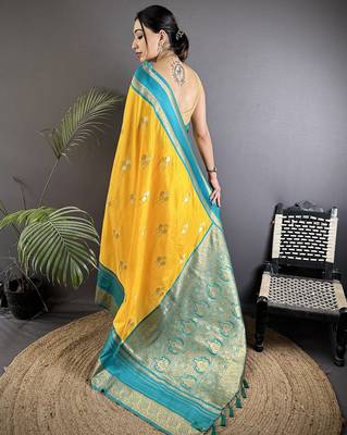 yellow soft silk blend woven dual zari work banarasi saree 3