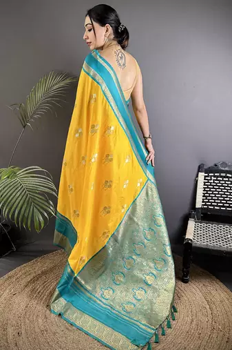 yellow soft silk blend woven dual zari work banarasi saree