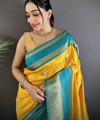 yellow soft silk blend woven dual zari work banarasi saree 4