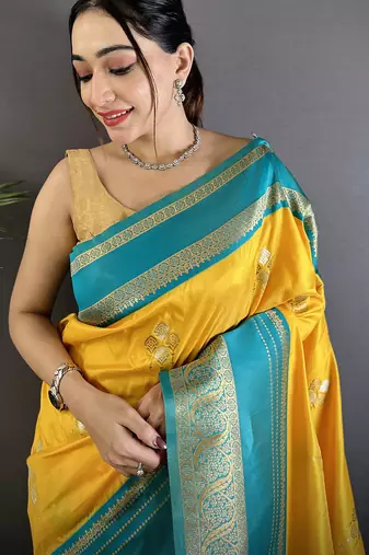 yellow soft silk blend woven dual zari work banarasi saree