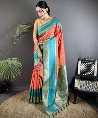 peach soft silk blend woven dual zari work banarasi saree 1