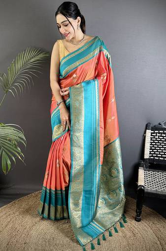 peach soft silk blend woven dual zari work banarasi saree
