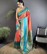 peach soft silk blend woven dual zari work banarasi saree