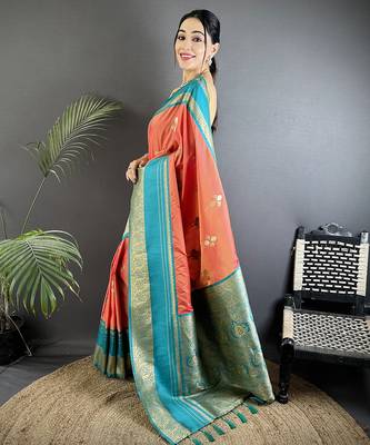 peach soft silk blend woven dual zari work banarasi saree 2