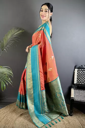 peach soft silk blend woven dual zari work banarasi saree