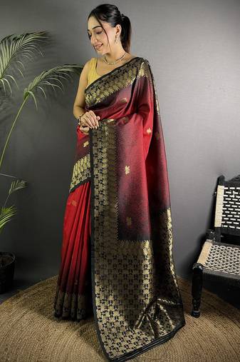red silk blend ikkat gold zari weaving handloom saree